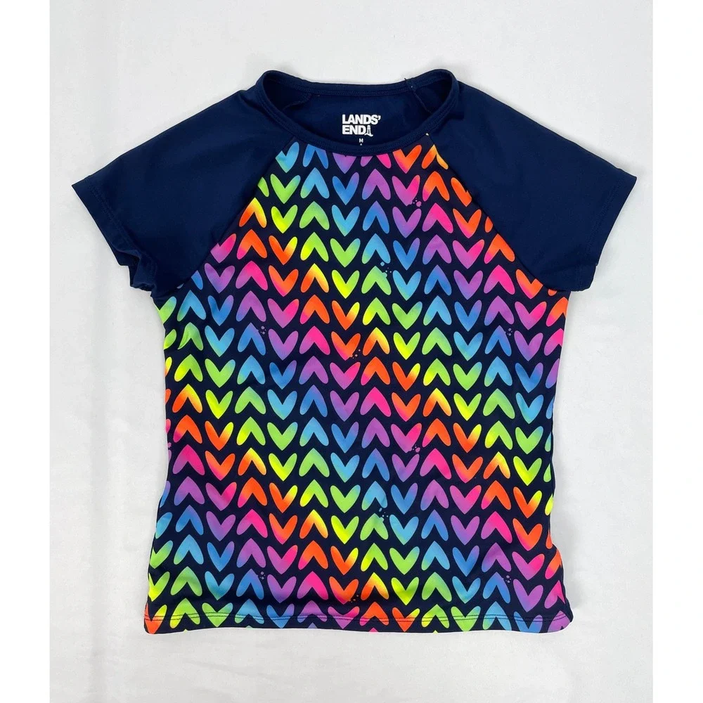 Lands' End Girl Size 8 Medium Blue Hearts Swim Top Short Sleeves Rash Guard